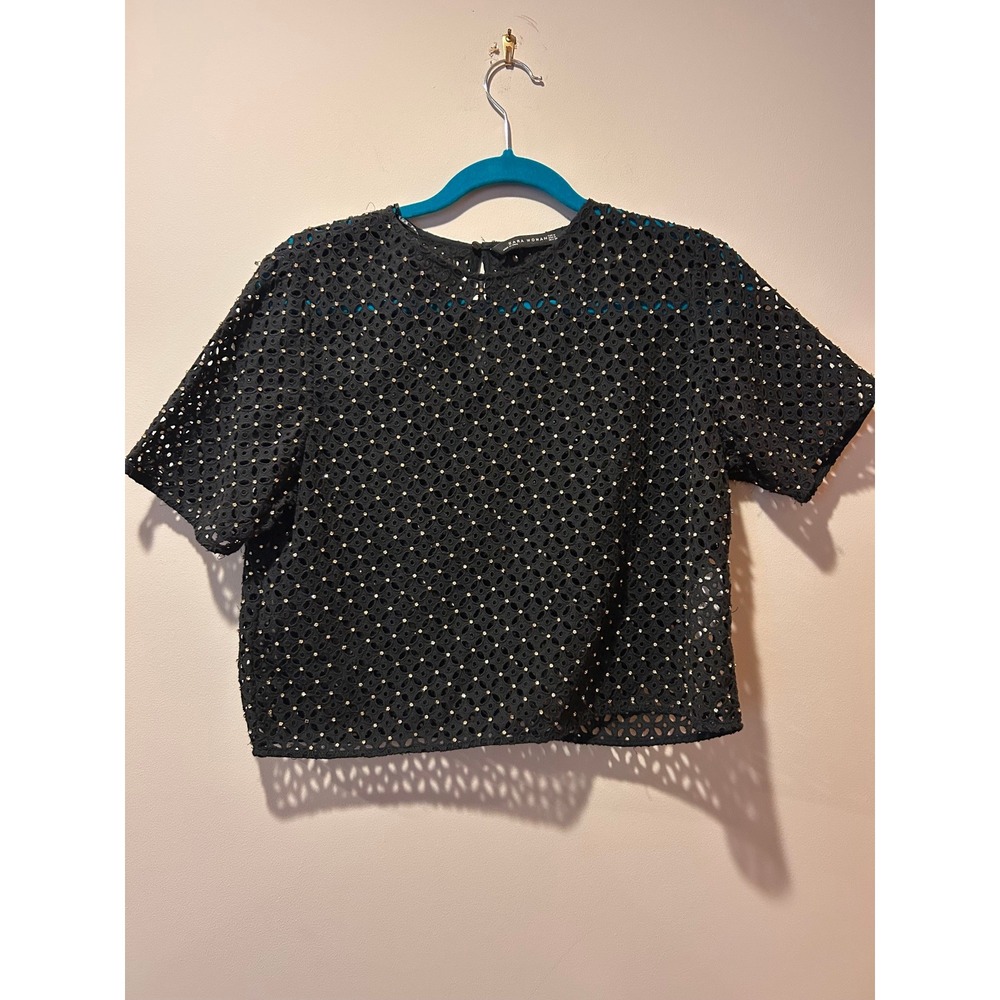 Zara Cropped Black & Gold Net Cotton Medium Short Sleeve Top Festival Indie Boho